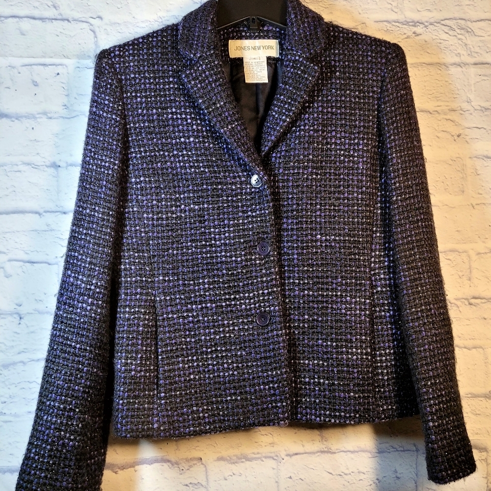 Jones New York Womens Blazer Size 4 Wool Tweed Blazer Metallic Thread Careerwear